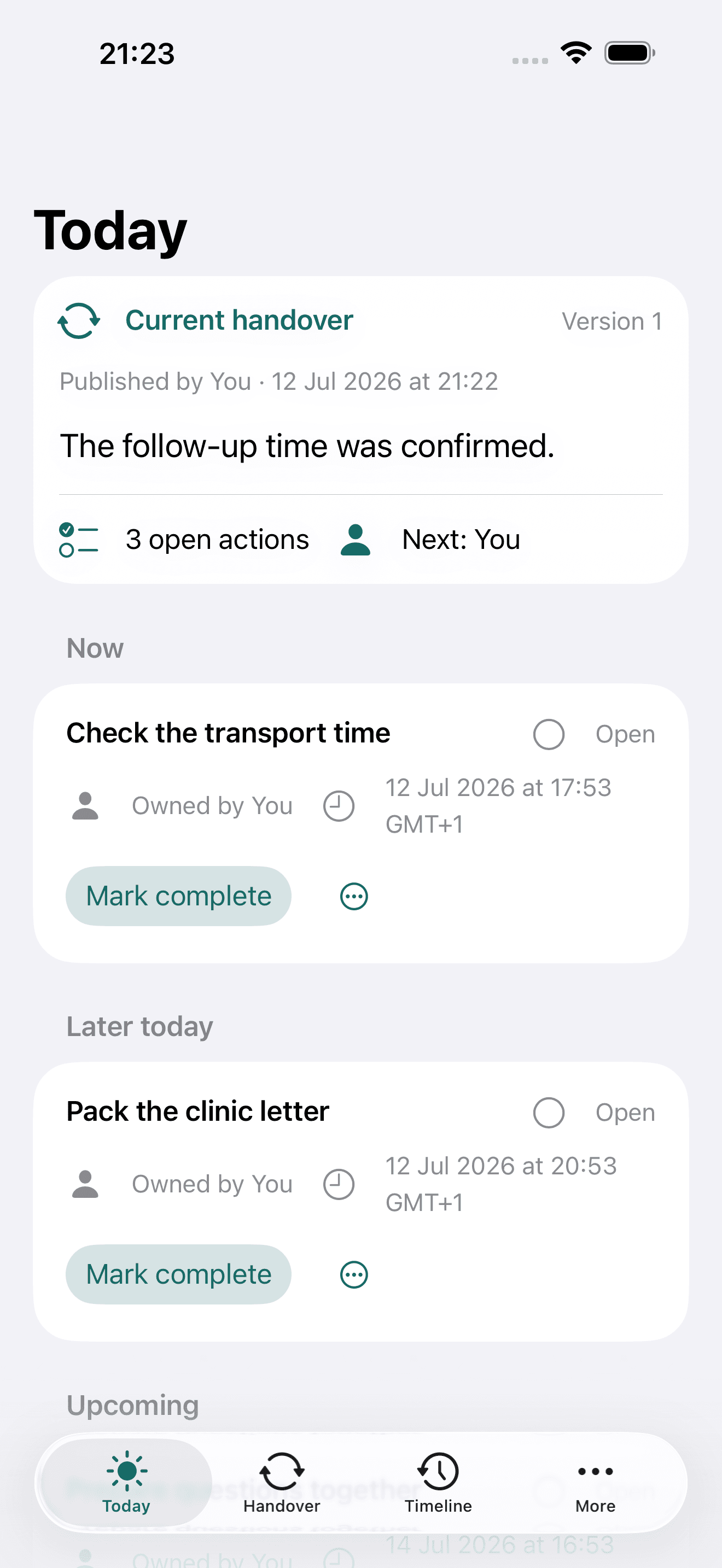 Care Relay Today view showing open actions and their owners